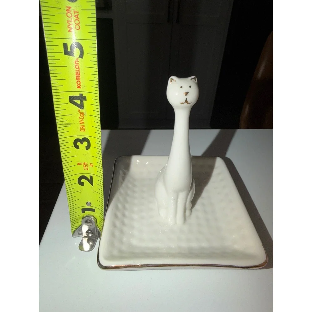White Ceramic Cat Ring Holder Dish Trinket Tray Jewelry Organizer